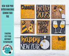 Load image into Gallery viewer, New Year MINI Interchangeable Leaning Sign File SVG, Snowman, Celebrate, Champagne, Ball Drop, Tiered Tray Glowforge, LuckyHeartDesignsCo