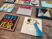 Load image into Gallery viewer, New Year MINI Interchangeable Leaning Sign File SVG, Snowman, Celebrate, Champagne, Ball Drop, Tiered Tray Glowforge, LuckyHeartDesignsCo