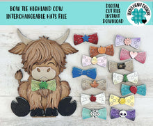Load image into Gallery viewer, Bow Tie the Highland Cow Interchangeable Hats File SVG, Seasonal, Farm Tiered Tray Glowforge, LuckyHeartDesignsCo