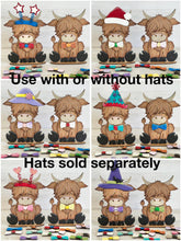 Load image into Gallery viewer, Bow Tie the Highland Cow Interchangeable Hats File SVG, Seasonal, Farm Tiered Tray Glowforge, LuckyHeartDesignsCo
