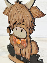 Load image into Gallery viewer, Bow Tie the Highland Cow Interchangeable Hats File SVG, Seasonal, Farm Tiered Tray Glowforge, LuckyHeartDesignsCo