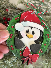 Load image into Gallery viewer, Penguin Wreath Christmas Ornament File SVG, Glowforge, Santa, Tree, Bow, LuckyHeartDesignsCo