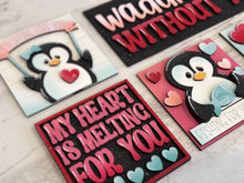 Load image into Gallery viewer, Penguin Love Valentine Interchangeable Leaning Sign File SVG, Glowforge Heart, Flowers, Tiered Tray, LuckyHeartDesignsCo
