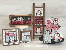 Load image into Gallery viewer, Penguin Love Valentine Interchangeable Leaning Sign File SVG, Glowforge Heart, Flowers, Tiered Tray, LuckyHeartDesignsCo