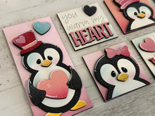 Load image into Gallery viewer, Penguin Valentines MINI Interchangeable Leaning Sign File SVG, Candy, Heart, Love, Tiered Tray Glowforge, LuckyHeartDesignsCo