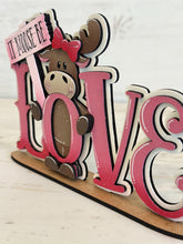 Load image into Gallery viewer, Moose Be Love Valentine Shelf Sitter Sign File SVG, Heart, Bow, Tiered Tray Glowforge LuckyHeartDesignsCo