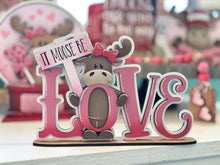 Load image into Gallery viewer, Moose Be Love Valentine Shelf Sitter Sign File SVG, Heart, Bow, Tiered Tray Glowforge LuckyHeartDesignsCo