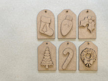 Load image into Gallery viewer, Simple Christmas Stocking Tag File SVG, Santa, Wreath, Candy Cane, Holly, Tree, Ornament, Holiday Glowforge, LuckyHeartDesignsCo