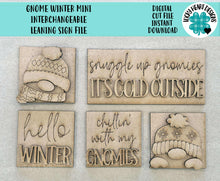 Load image into Gallery viewer, Gnome Winter MINI Interchangeable Leaning Sign File SVG, Snowman, Snowball, Snowflake, Gnomie, Tiered Tray Glowforge, LuckyHeartDesignsCo