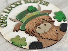 Load image into Gallery viewer, Highland Leprechaun St. Patrick's Day Door Hanger Sign File SVG, Glowforge, Cow, Farm, Clover, Shamrock, LuckyHeartDesignsCo