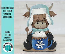 Load image into Gallery viewer, Highland Cow Hot Cocoa Winter Standing File SVG, Snowflake, Farm, Chocolate, Frosty, Holiday, Tiered Tray, Glowforge, LuckyHeartDesignsCo