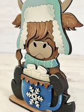 Load image into Gallery viewer, Highland Cow Hot Cocoa Winter Standing File SVG, Snowflake, Farm, Chocolate, Frosty, Holiday, Tiered Tray, Glowforge, LuckyHeartDesignsCo