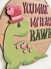 Load image into Gallery viewer, Dinosaur Valentines Door Hanger Sign File SVG, Glowforge, Heart, Rawr, Roar, LuckyHeartDesignsCo
