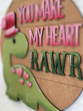 Load image into Gallery viewer, Dinosaur Valentines Door Hanger Sign File SVG, Glowforge, Heart, Rawr, Roar, LuckyHeartDesignsCo