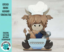 Load image into Gallery viewer, Kitchen Baking Highland Cow Standing File SVG, Snowflake, Farm, Chef, Rolling Pin, Cook, Tiered Tray, Glowforge, LuckyHeartDesignsCo