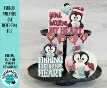 Load image into Gallery viewer, Penguin Valentines Love Tiered Tray File SVG, Glowforge, Heart, Flowers, LuckyHeartDesignsCo
