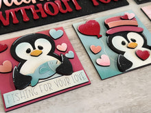 Load image into Gallery viewer, Penguin Love Valentine Interchangeable Leaning Sign File SVG, Glowforge Heart, Flowers, Tiered Tray, LuckyHeartDesignsCo