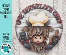 Load image into Gallery viewer, Highland Kitchen Door Hanger File SVG, Baking, Chef, Cow, Farm Glowforge, LuckyHeartDesignsCo