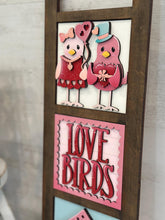 Load image into Gallery viewer, Love Birds Interchangeable Leaning Sign File SVG, Glowforge Heart, Valentine, Flowers, Tiered Tray, LuckyHeartDesignsCo
