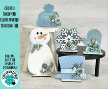 Load image into Gallery viewer, Chunky Snowman Floral Winter Standing File SVG, Glowforge, Hat, Mitten, Snowflake, Tiered Tray LuckyHeartDesignsCo