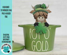 Load image into Gallery viewer, Highland St. Patrick's Day Mug Hugger File SVG, Glowforge Tiered Tray, Cow, lucky, Clover, Tray Decor, Holiday, Topper, LuckyHeartDesignsCo