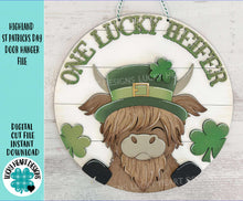Load image into Gallery viewer, Highland Leprechaun St. Patrick's Day Door Hanger Sign File SVG, Glowforge, Cow, Farm, Clover, Shamrock, LuckyHeartDesignsCo