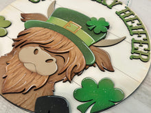 Load image into Gallery viewer, Highland Leprechaun St. Patrick's Day Door Hanger Sign File SVG, Glowforge, Cow, Farm, Clover, Shamrock, LuckyHeartDesignsCo