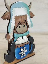 Load image into Gallery viewer, Highland Cow Hot Cocoa Winter Standing File SVG, Snowflake, Farm, Chocolate, Frosty, Holiday, Tiered Tray, Glowforge, LuckyHeartDesignsCo