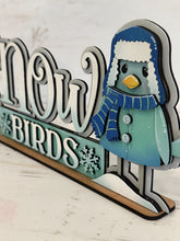 Load image into Gallery viewer, Snow Birds Winter Shelf Sitter Standing Sign File SVG, Snowflake, Snowman, Mantle decor, Centerpiece, glowforge, LuckyHeartDesignsCo