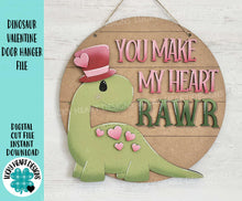 Load image into Gallery viewer, Dinosaur Valentines Door Hanger Sign File SVG, Glowforge, Heart, Rawr, Roar, LuckyHeartDesignsCo