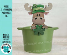 Load image into Gallery viewer, Moose St. Patrick's Day Mug Hugger File SVG, Glowforge Tiered Tray, lucky, Clover, Tray Decor, Holiday, Topper, LuckyHeartDesignsCo