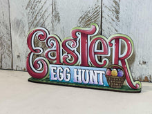 Load image into Gallery viewer, Easter Egg Hunt Shelf Sitter Sign File SVG, Glowforge, Standing, Basket, Bunny, Tiered Tray LuckyHeartDesignsCo