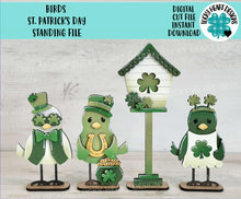 Load image into Gallery viewer, Birds St. Patrick's Day Standing File SVG, Glowforge, Birdhouse, Clover, Gold, Tiered Tray LuckyHeartDesignsCo