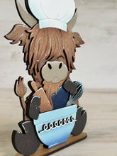 Load image into Gallery viewer, Kitchen Baking Highland Cow Standing File SVG, Snowflake, Farm, Chef, Rolling Pin, Cook, Tiered Tray, Glowforge, LuckyHeartDesignsCo
