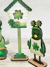 Load image into Gallery viewer, Birds St. Patrick's Day Standing File SVG, Glowforge, Birdhouse, Clover, Gold, Tiered Tray LuckyHeartDesignsCo