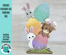 Load image into Gallery viewer, Peeking Highland Egg Standing File SVG, Glowforge Tiered Tray, Egg, Easter, Farm, Bunny, Cow, LuckyHeartDesignsCo