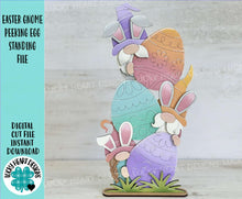 Load image into Gallery viewer, Easter Gnome Peeking Egg Standing File SVG, Glowforge Bunny, Tiered Tray, LuckyHeartDesignsCo