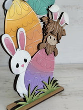 Load image into Gallery viewer, Peeking Highland Egg Standing File SVG, Glowforge Tiered Tray, Egg, Easter, Farm, Bunny, Cow, LuckyHeartDesignsCo