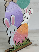 Load image into Gallery viewer, Peeking Easter Bunny Egg Standing File SVG, Glowforge, Carrot, Spring, Floppy Ear, Nerdy, Egg Hunt, LuckyHeartDesignsCo