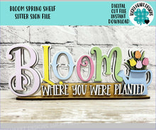 Load image into Gallery viewer, Bloom Spring Shelf Sitter Sign File SVG, Tiered Tray Watering Can, Tulips, Flowers, Glowforge, LuckyHeartDesignsCo