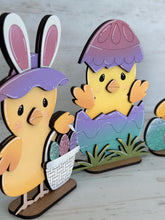 Load image into Gallery viewer, Easter Chicks Tiered Tray Standing File SVG, Glowforge, Birds, Bunny, Egg, Carrot, Nerdy, Egg Hunt, LuckyHeartDesignsCo