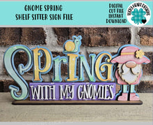 Load image into Gallery viewer, Gnome Spring Shelf Sitter Sign File SVG, Snail, Flower, Butterfly, Birdhouse, Garden, Glowforge, LuckyHeartDesignsCo