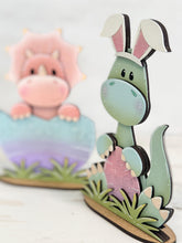 Load image into Gallery viewer, Dinosaur Easter Standing File SVG, Glowforge, Egg, Triceratops, T-rex, Dino Bunny, LuckyHeartDesignsCo