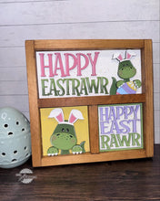 Load image into Gallery viewer, Easter Dinosaur Interchangeable Leaning Sign File SVG, Glowforge Tiered Tray, T-rex, Triceratops, Bunny, Egg, Spring, LuckyHeartDesignsCo