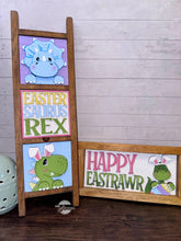 Load image into Gallery viewer, Easter Dinosaur Interchangeable Leaning Sign File SVG, Glowforge Tiered Tray, T-rex, Triceratops, Bunny, Egg, Spring, LuckyHeartDesignsCo