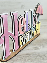 Load image into Gallery viewer, Hello Spring Shelf Sitter Sign File SVG, Tiered Tray Spring, Umbrellas, Rain Boots, Floral, Flowers, Glowforge, LuckyHeartDesignsCo
