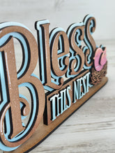 Load image into Gallery viewer, Bless This Nest Shelf Sitter Sign File SVG, Tiered Tray Spring, Bird, Floral, Flowers, Glowforge, LuckyHeartDesignsCo