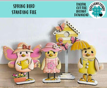 Load image into Gallery viewer, Spring Bird Standing File SVG, Glowforge, Chicks, Butterfly, Umbrella, Flower, Raincoat, Tiered Tray, Birdhouse, LuckyHeartDesignsCo