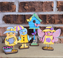 Load image into Gallery viewer, Spring Bird Standing File SVG, Glowforge, Chicks, Butterfly, Umbrella, Flower, Raincoat, Tiered Tray, Birdhouse, LuckyHeartDesignsCo