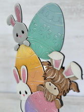 Load image into Gallery viewer, Peeking Highland Egg Standing File SVG, Glowforge Tiered Tray, Egg, Easter, Farm, Bunny, Cow, LuckyHeartDesignsCo